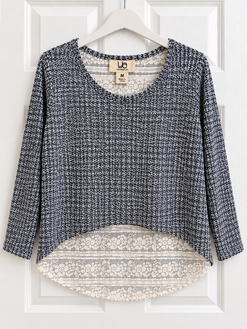 UO Los Angeles Boho Lace Back Sweater M Blue Knit Hi Low Hem Coquette